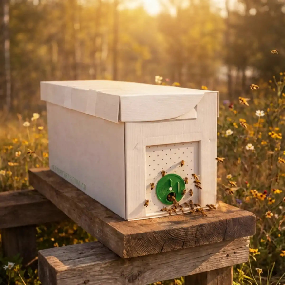 Bee Brothers 5-frame nucleus colony transport box with active bees, ready for pickup in NSW