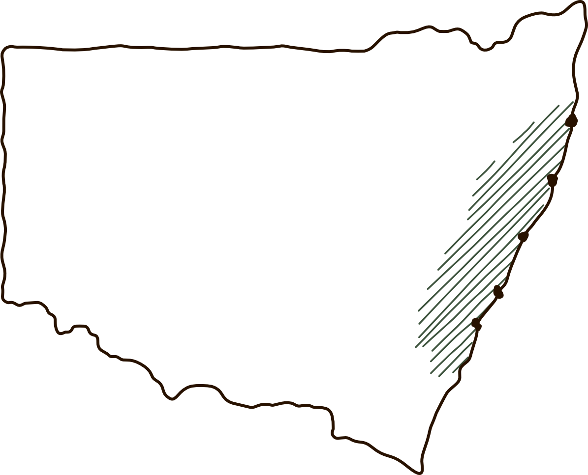 NSW map of Bee Brothers pollination hive hire areas, from the Sydney Basin and Hunter Valley up to Coffs Harbour