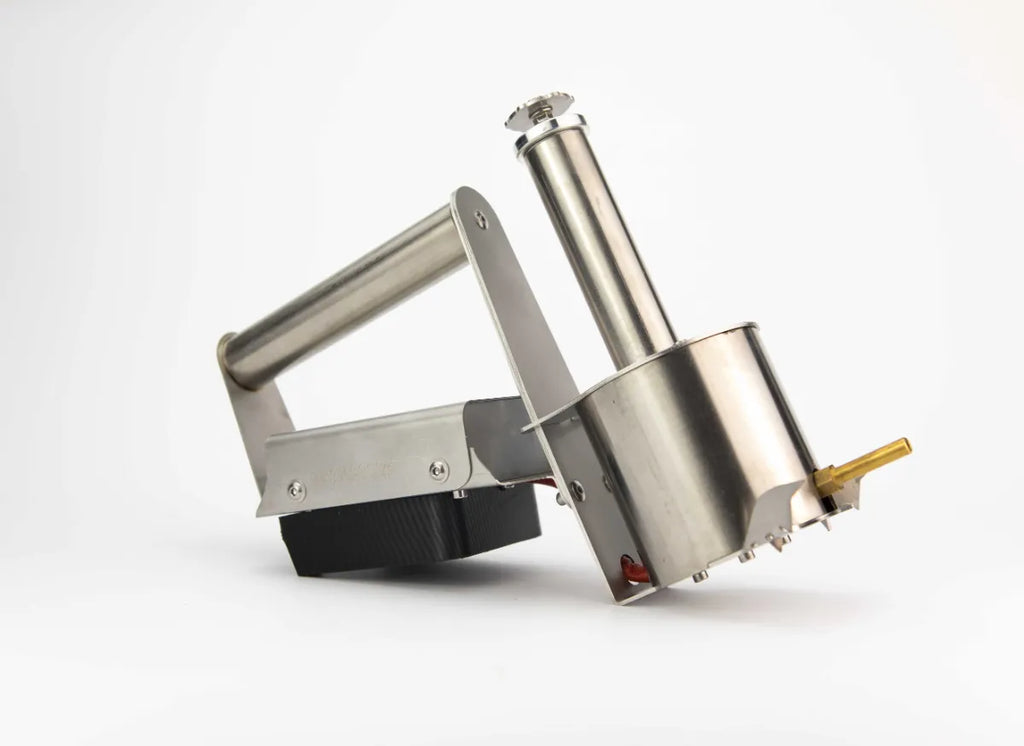 InstantVap® Compact 18V vaporiser front angle showing brass spout, dosing chamber and battery socket