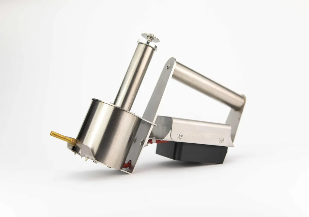 InstantVap® Compact cordless oxalic acid vaporiser angle view showing brass spout and stainless steel frame