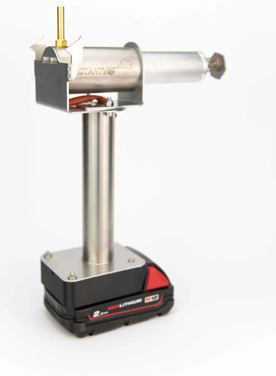 InstantVap® Lite 18V vaporiser showing brass spout, dosing chamber and stainless steel frame