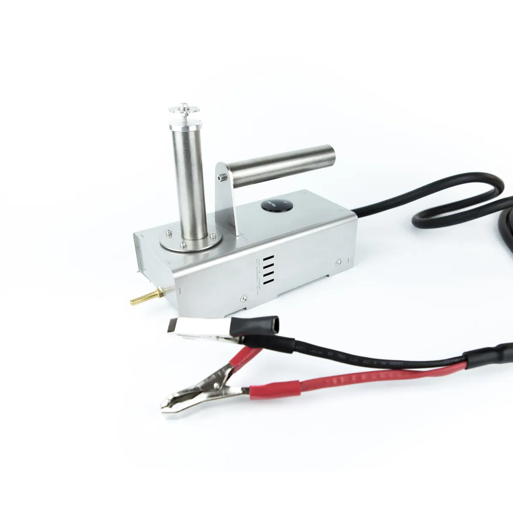 Close up of InstantVap® Original 12V battery clamps for connecting to a deep cycle battery