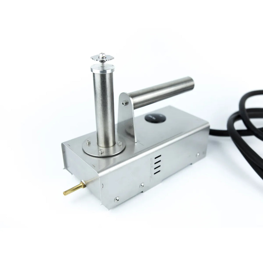 InstantVap® Original 12V oxalic acid vaporiser angle view showing brass spout and stainless steel body