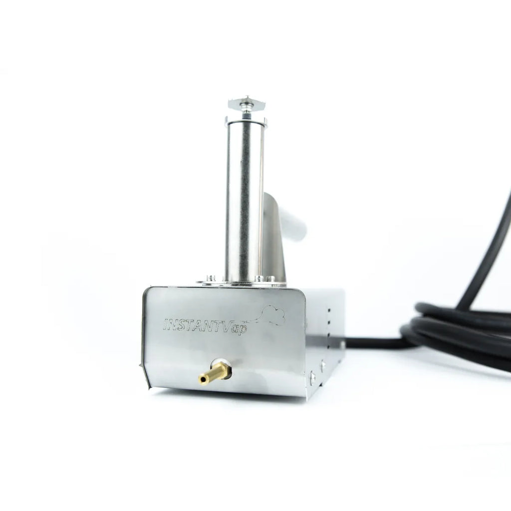Front view of InstantVap® Original 12V oxalic acid vaporiser with stainless steel body and brass spout