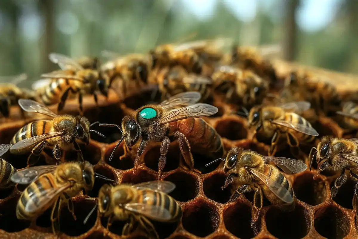 Locally raised queen bee with green marking moving across honeycomb, bred for NSW conditions